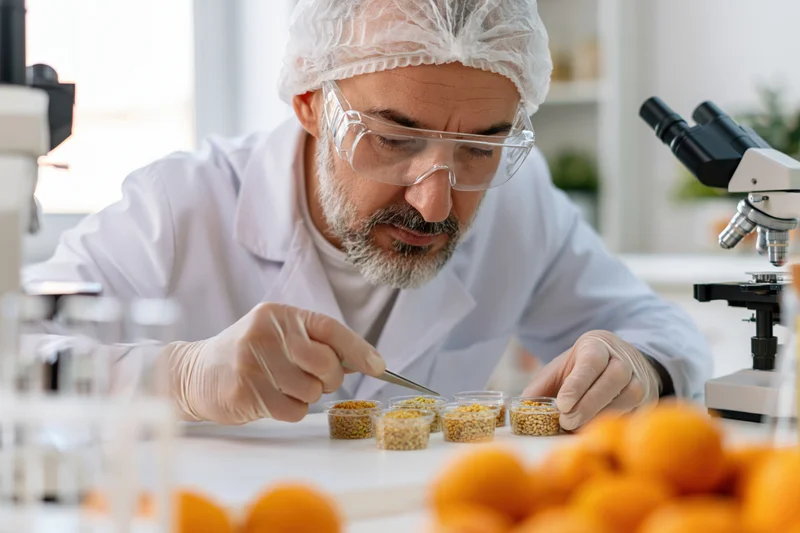 Male food scientist examining grain samples in laboratory with microscope and safety gear