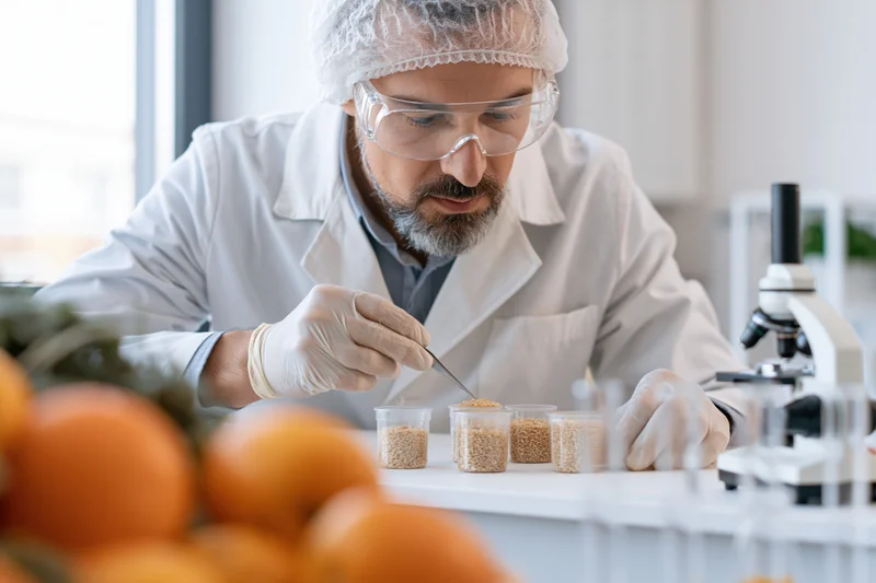Male scientist examining grain samples in a laboratory setting