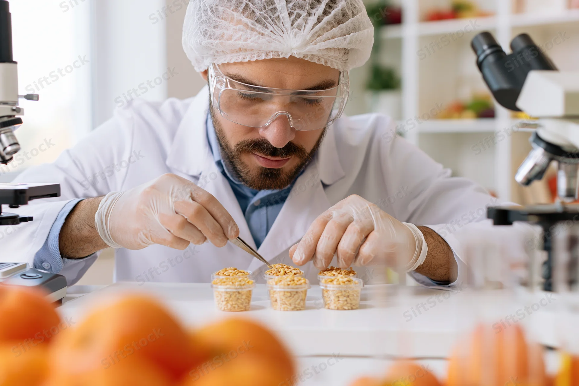 Male food scientist examining cereal samples in laboratory with microscope and safety gear