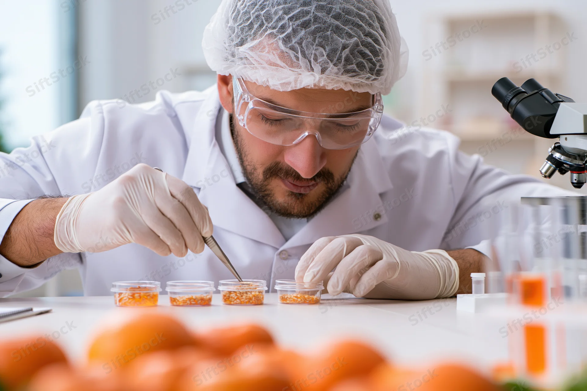 Male scientist examining orange fruit samples in a laboratory setting