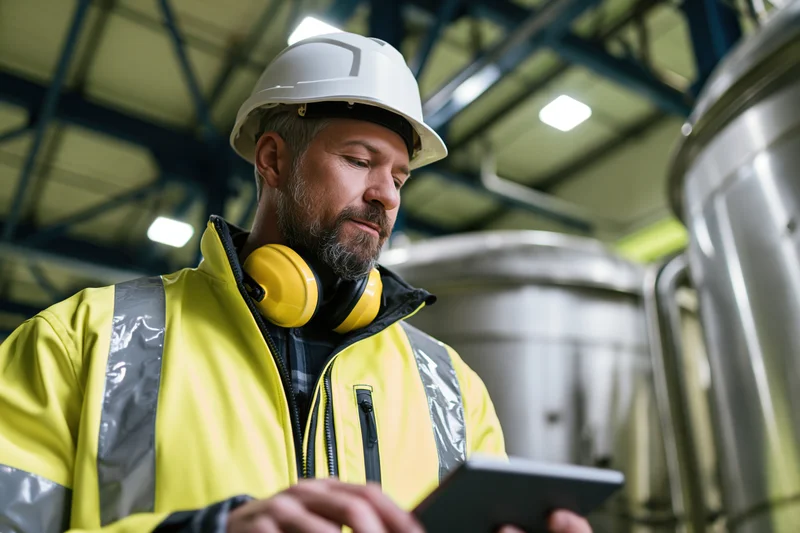 Male industrial engineer in high-visibility yellow jacket and white hardhat using tablet in factory setting