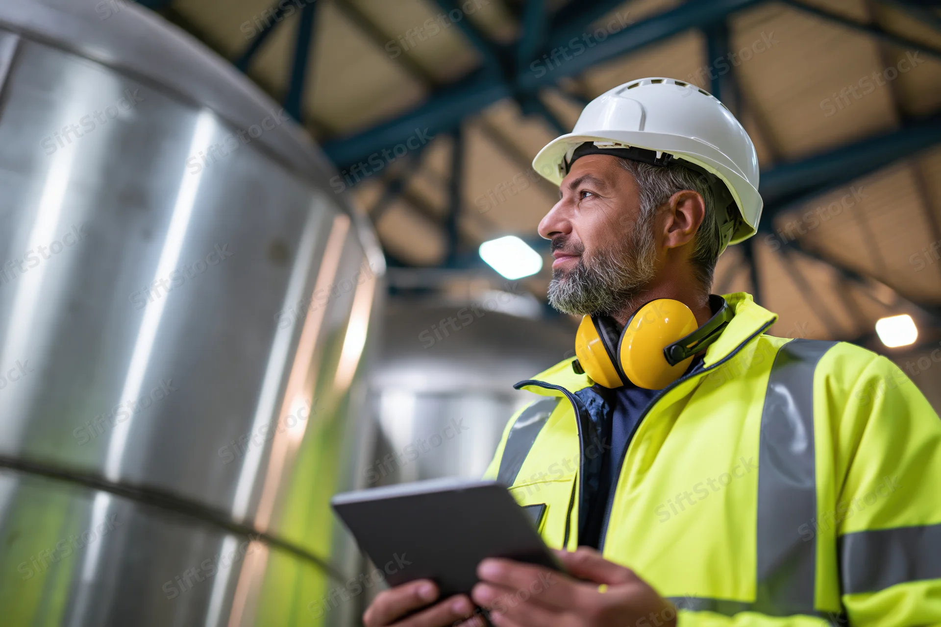 Male industrial engineer in high-visibility jacket holding tablet during inspection in factory interior