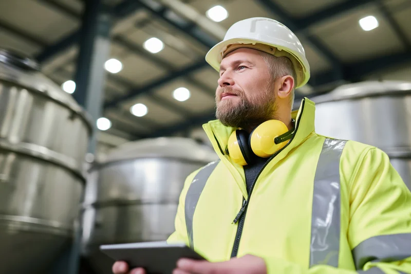 Male industrial engineer in high-visibility yellow jacket and white hardhat holding tablet in factory interior