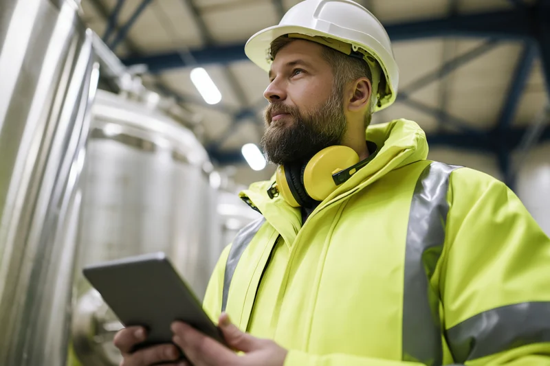 Male industrial engineer in high-visibility jacket holding tablet during inspection in factory interior