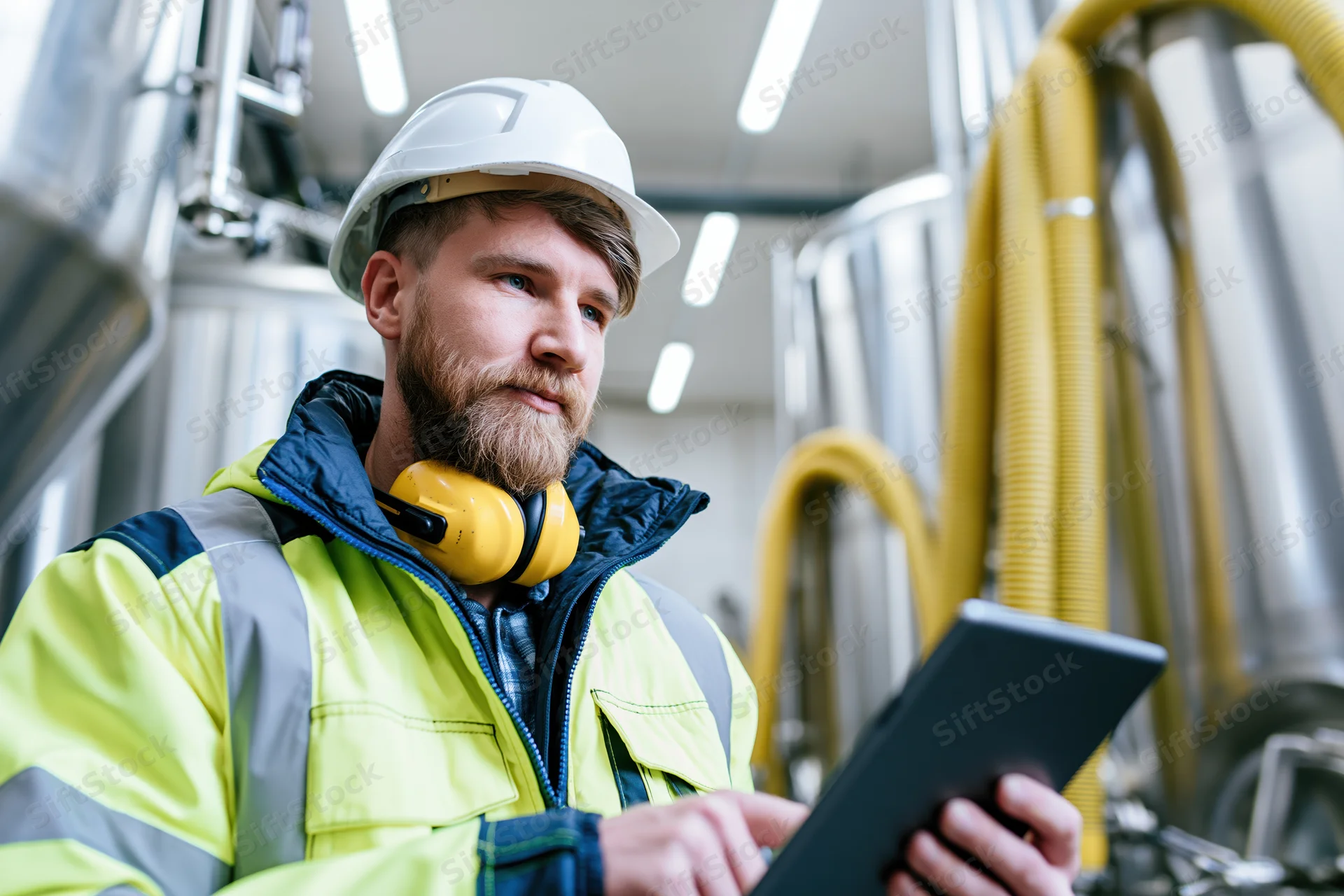 Male industrial worker in high-visibility vest and white helmet using tablet in factory setting