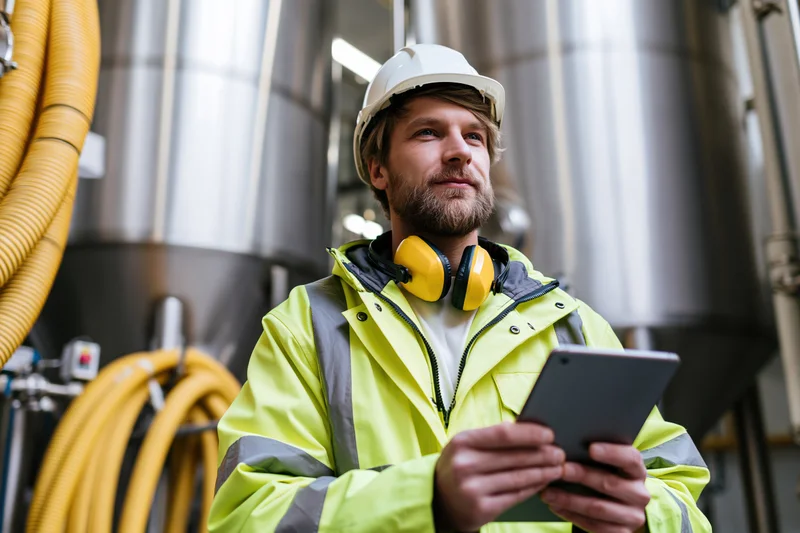 Male industrial worker in highvisibility jacket holding tablet while inspecting stainless steel tanks in factory