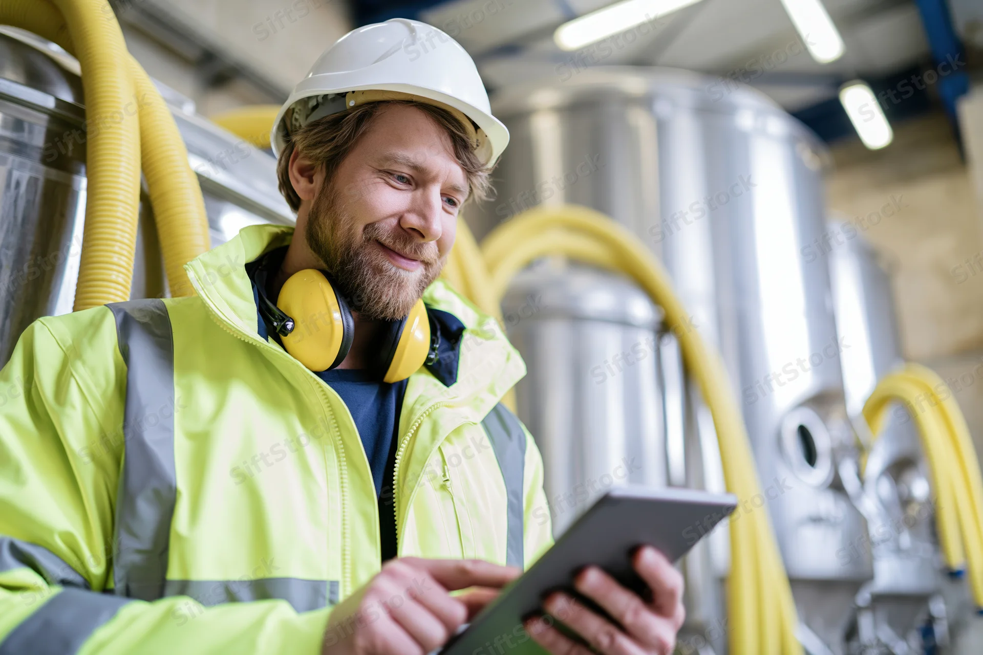 Male industrial worker in high-visibility vest using tablet in factory setting