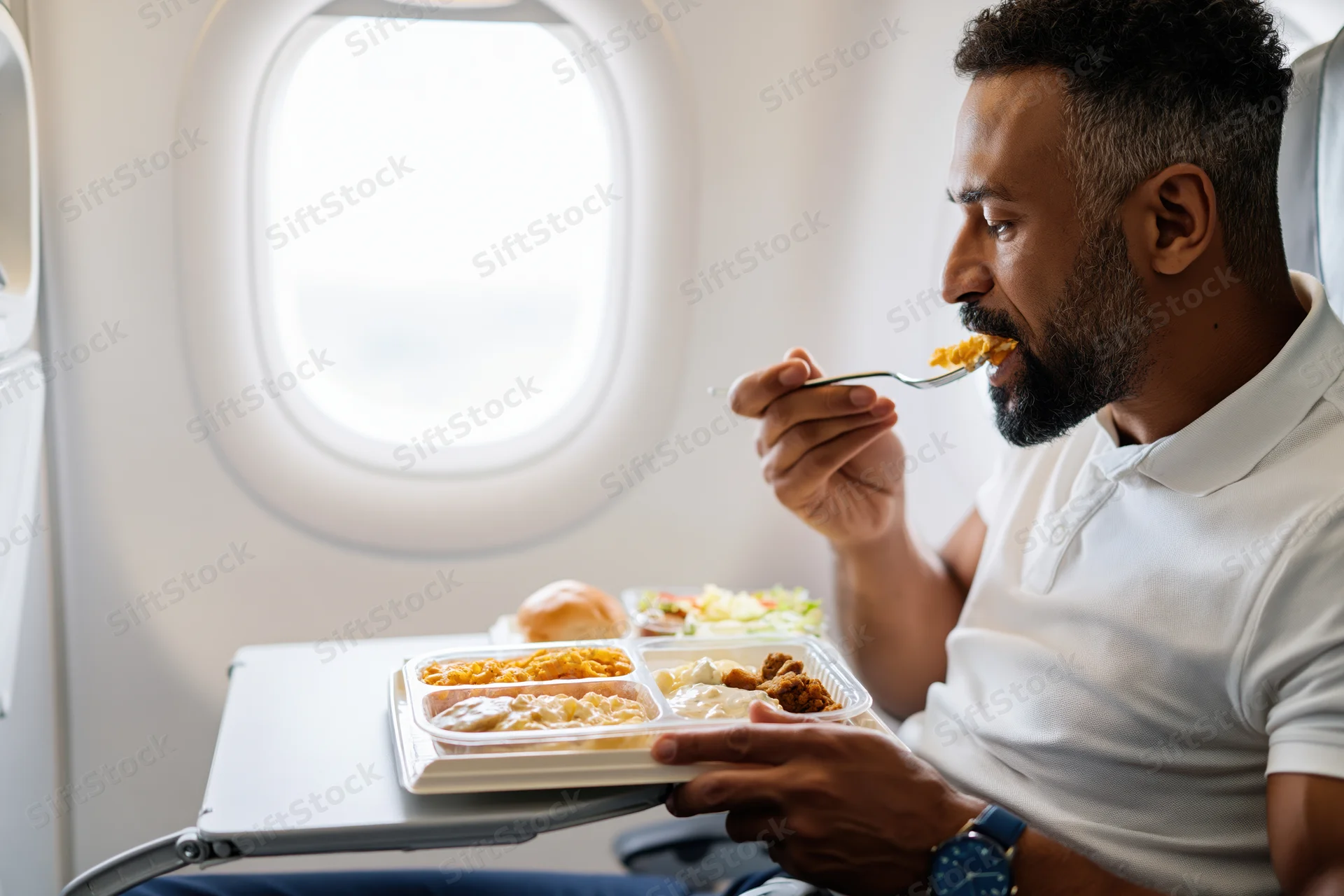 Man eating in-flight meal at tray table by airplane window
