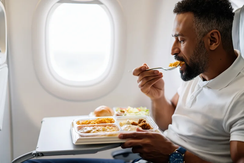 Man eating in-flight meal at tray table by airplane window