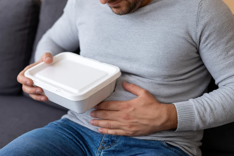 Man holding takeout container and clutching stomach while sitting on couch