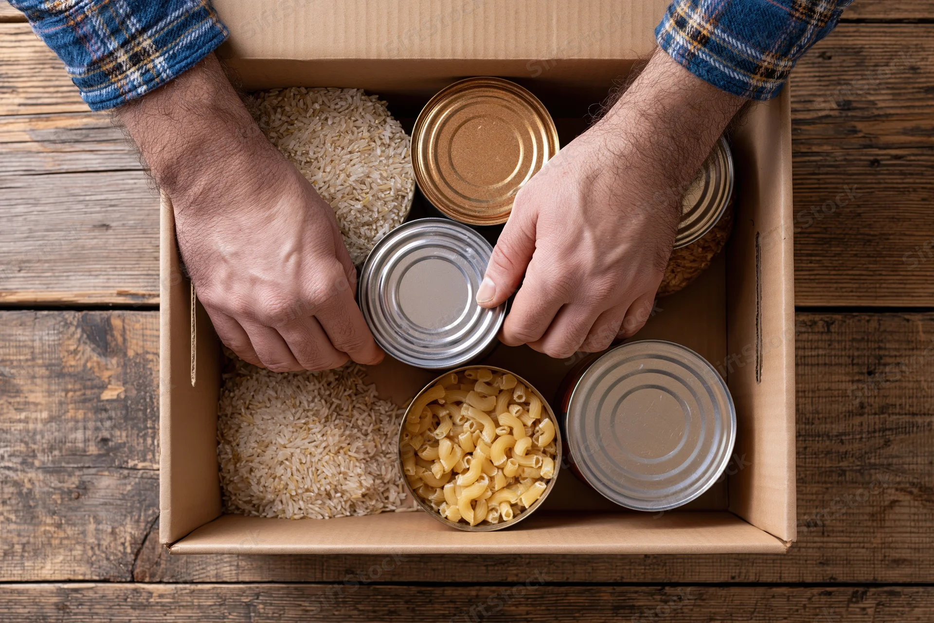 Man arranging canned goods and dry staples in a cardboard box on a wooden table