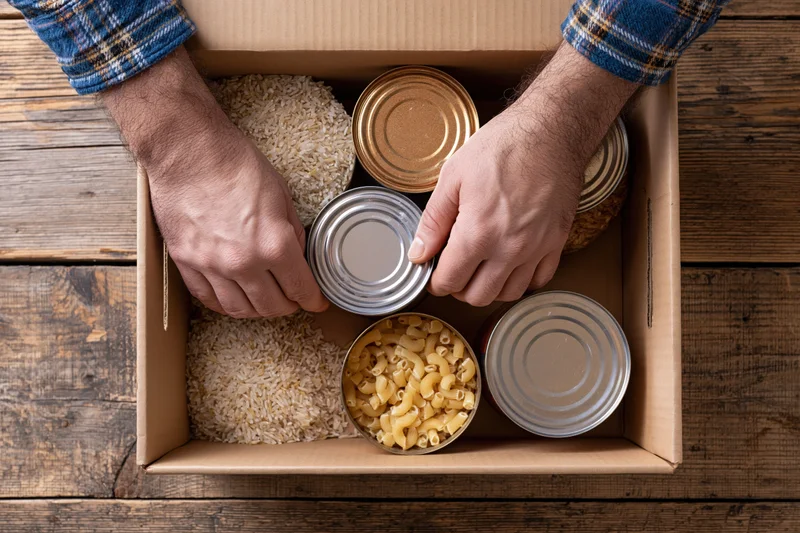 Man arranging canned goods and dry staples in a cardboard box on a wooden table