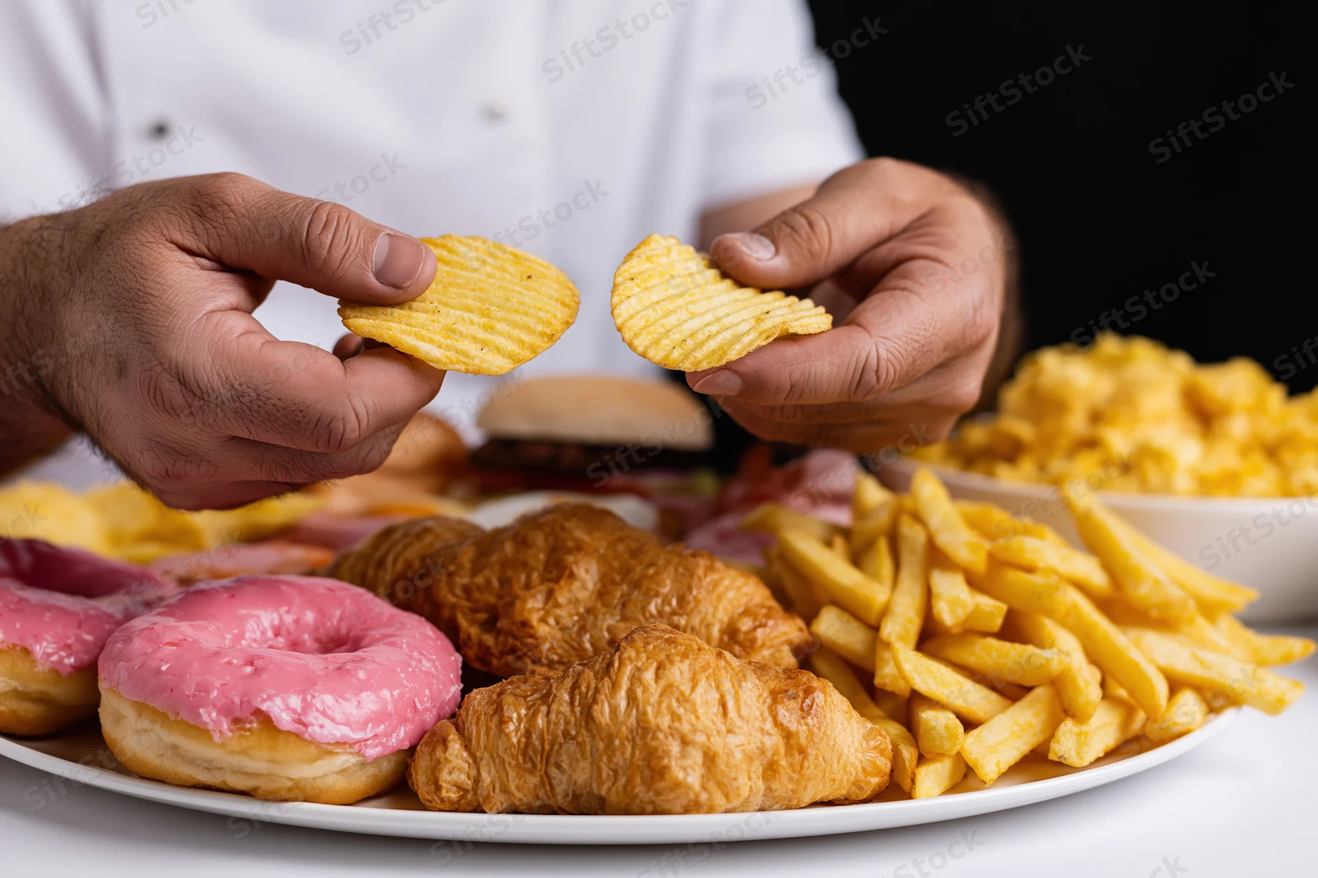 Hands holding ridged potato chips above a plate of donuts, croissants, fries and burger on white table