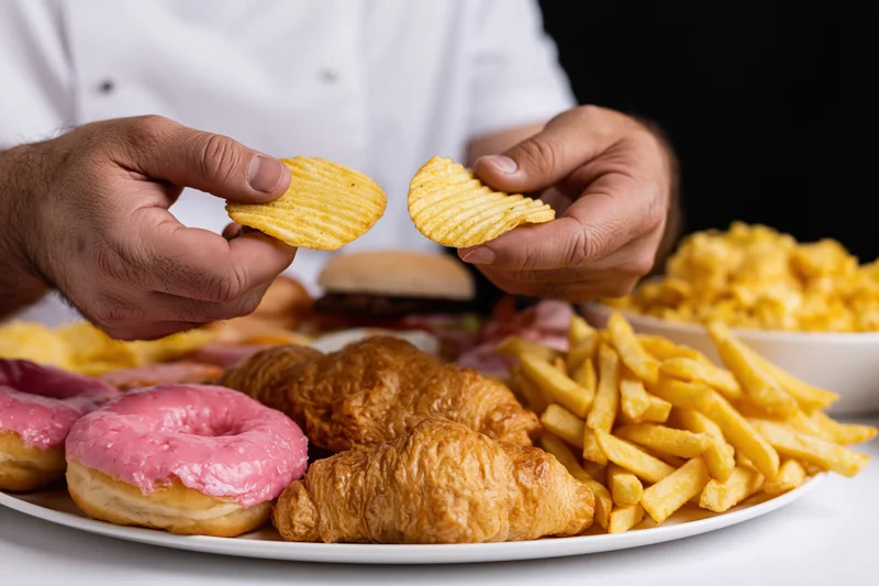 Hands holding ridged potato chips above a plate of donuts, croissants, fries and burger on white table