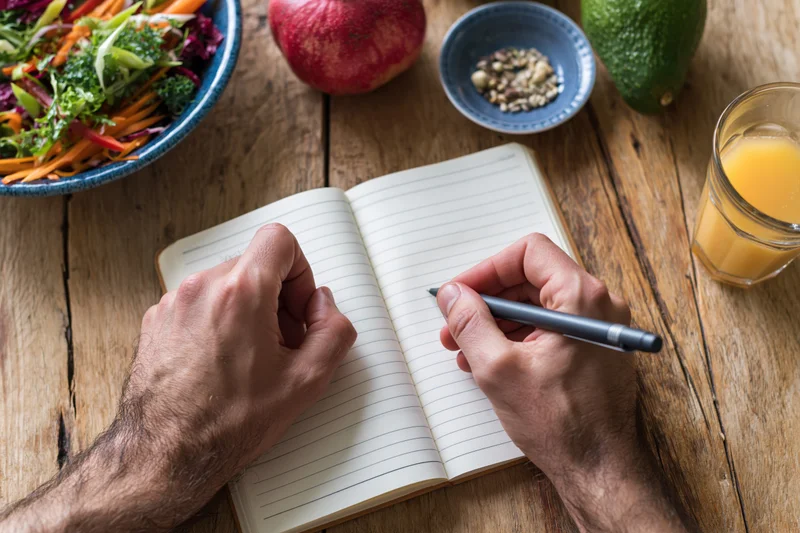 Man's hands writing in an open lined notebook on a rustic wooden table with salad, fruit and juice nearby