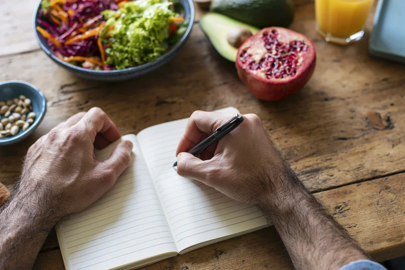 Man's hands writing in a lined notebook on a rustic wooden table with fresh salad and fruit nearby