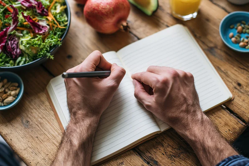 Man's hands writing in a lined notebook on a rustic wooden table with healthy food around