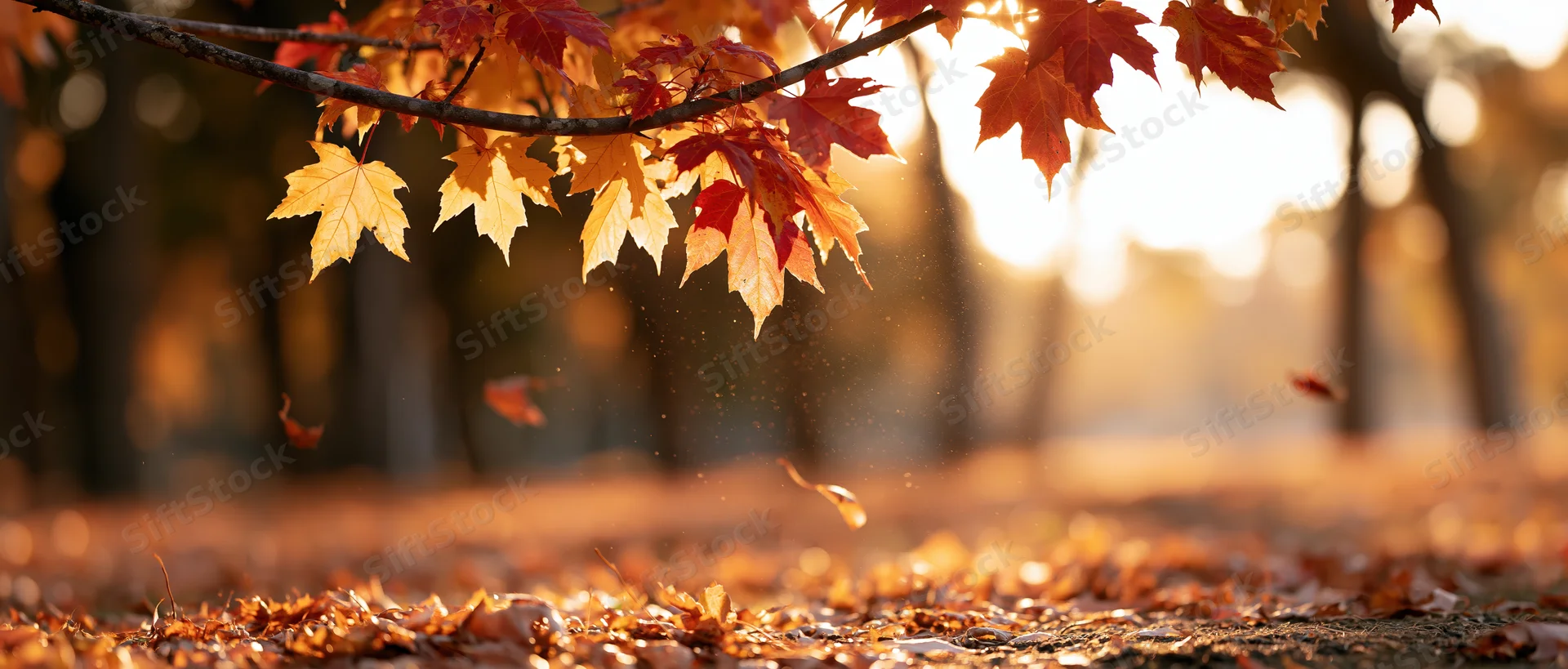 Maple tree branch with red and yellow autumn leaves in a park, sunlight filtering through, fallen leaves covering the ground