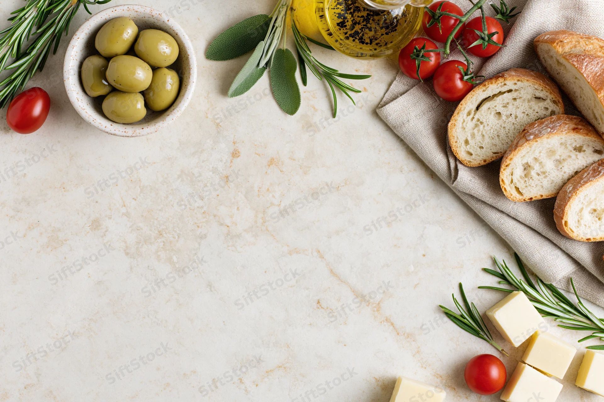 Mediterranean food arranged in a loose border around a marble countertop with copyspace in center