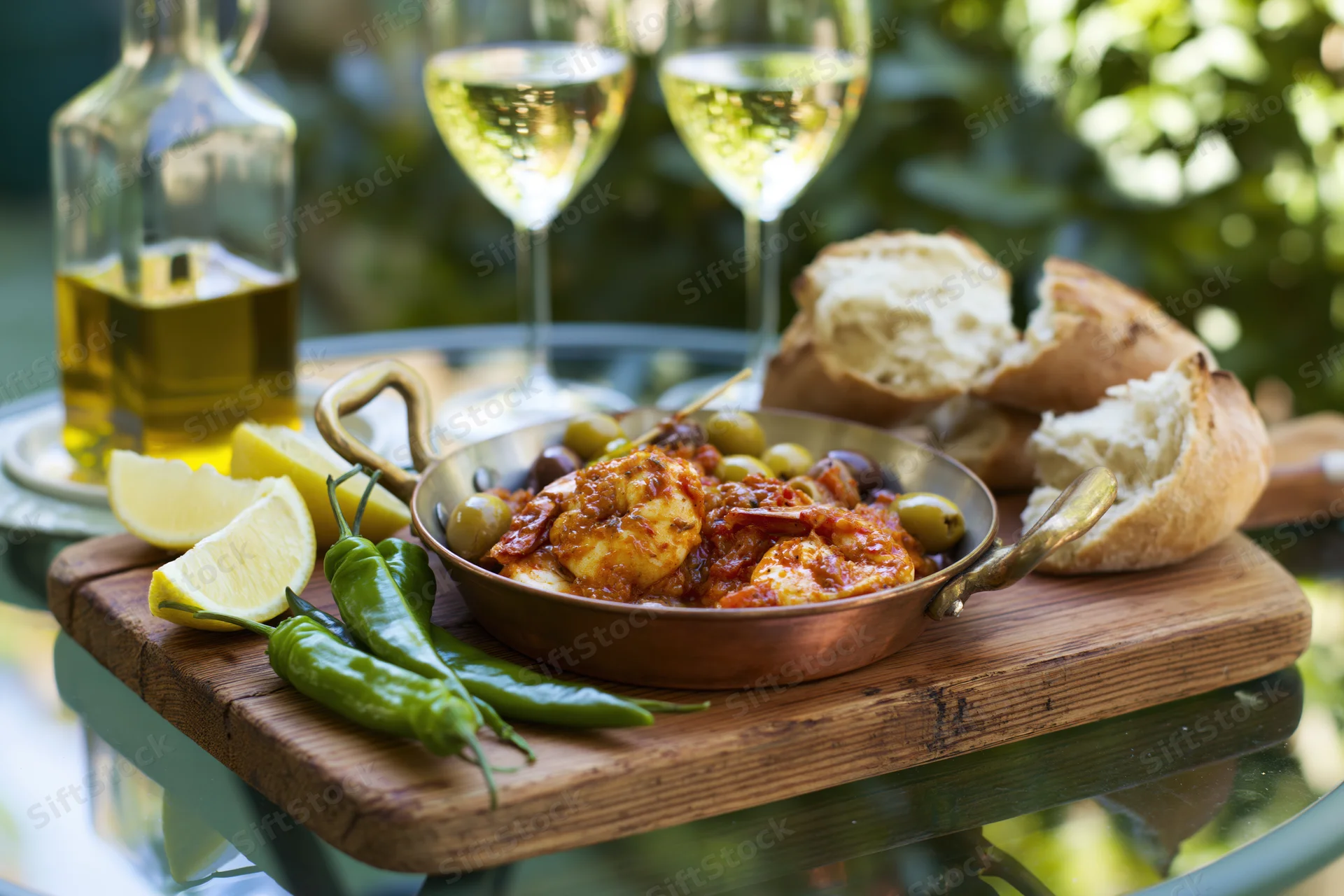 Mediterranean meal on a rustic wooden board outdoors with wine and bread