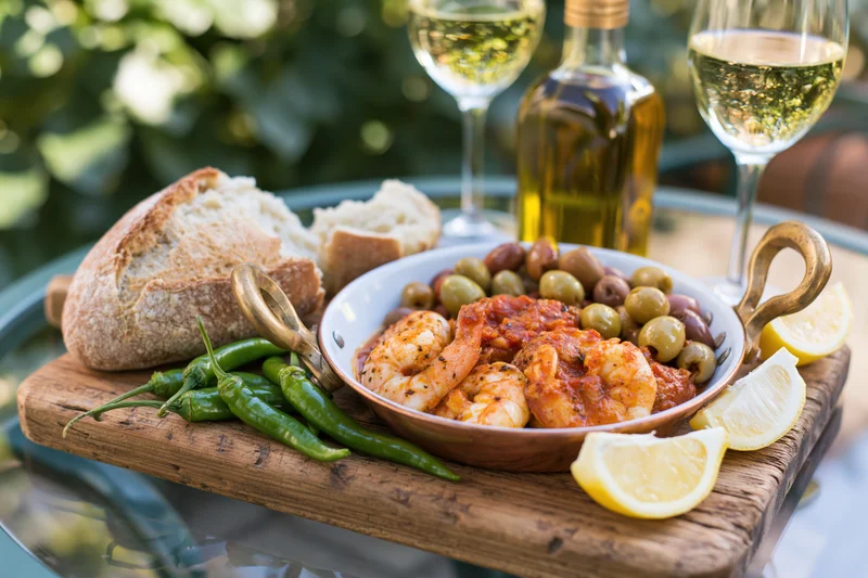 Mediterranean meal with shrimp, olives, bread and wine on a rustic wooden board outdoors