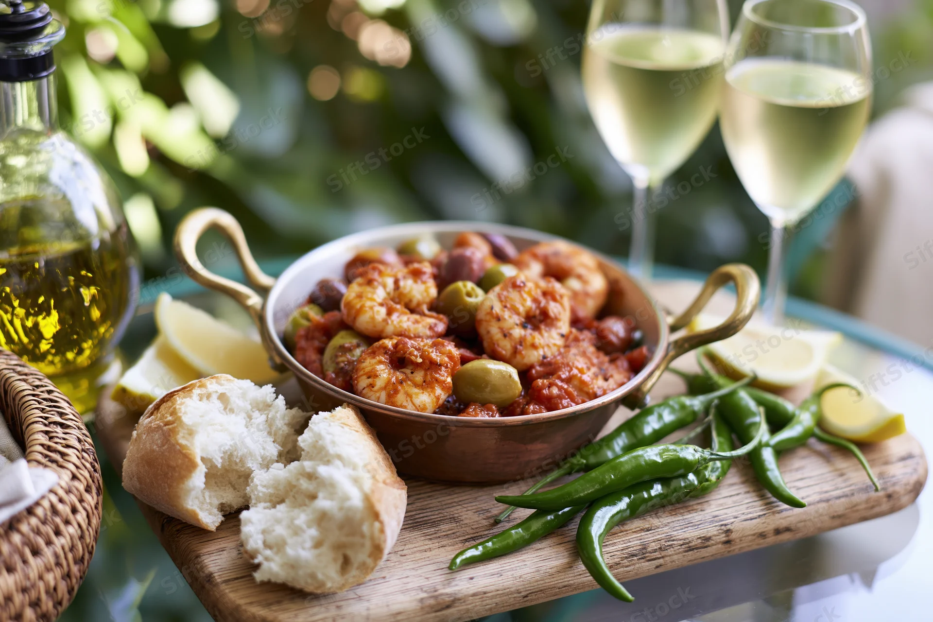 Shrimp in tomato sauce with olives and bread on a rustic wooden board outdoors with white wine and green peppers
