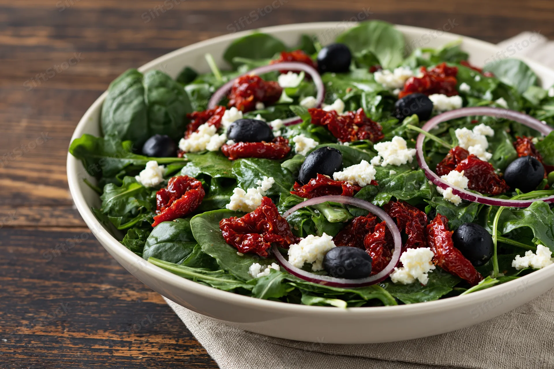 Mediterranean salad with spinach arugula sun-dried tomatoes feta olives and red onion in a white ceramic bowl on wooden table