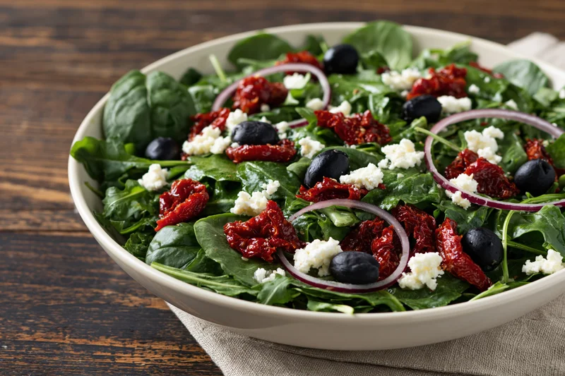 Mediterranean salad with spinach arugula sun-dried tomatoes feta olives and red onion in a white ceramic bowl on wooden table
