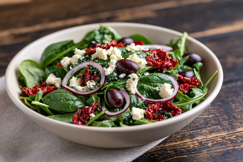 Mediterranean salad with spinach, arugula, feta, olives and sun-dried tomatoes in a white ceramic bowl on a wooden table