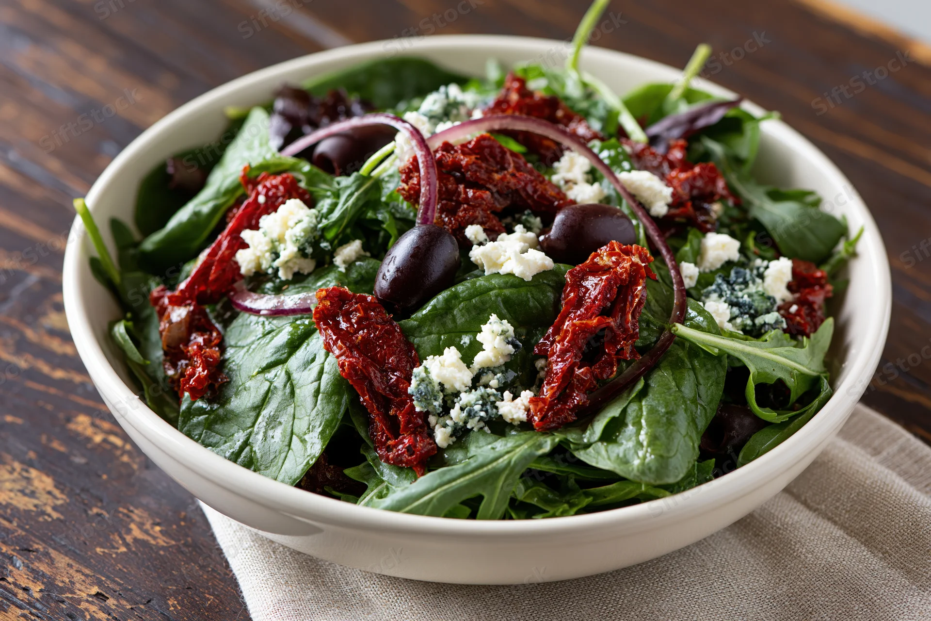Mediterranean salad with spinach, arugula, sun-dried tomatoes, blue cheese, olives and red onion in a white ceramic bowl on a wooden table
