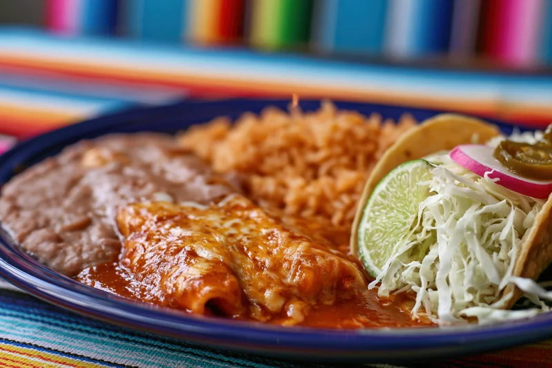 Mexican combination plate with enchilada, rice, refried beans, and taco on a cobalt blue ceramic dish
