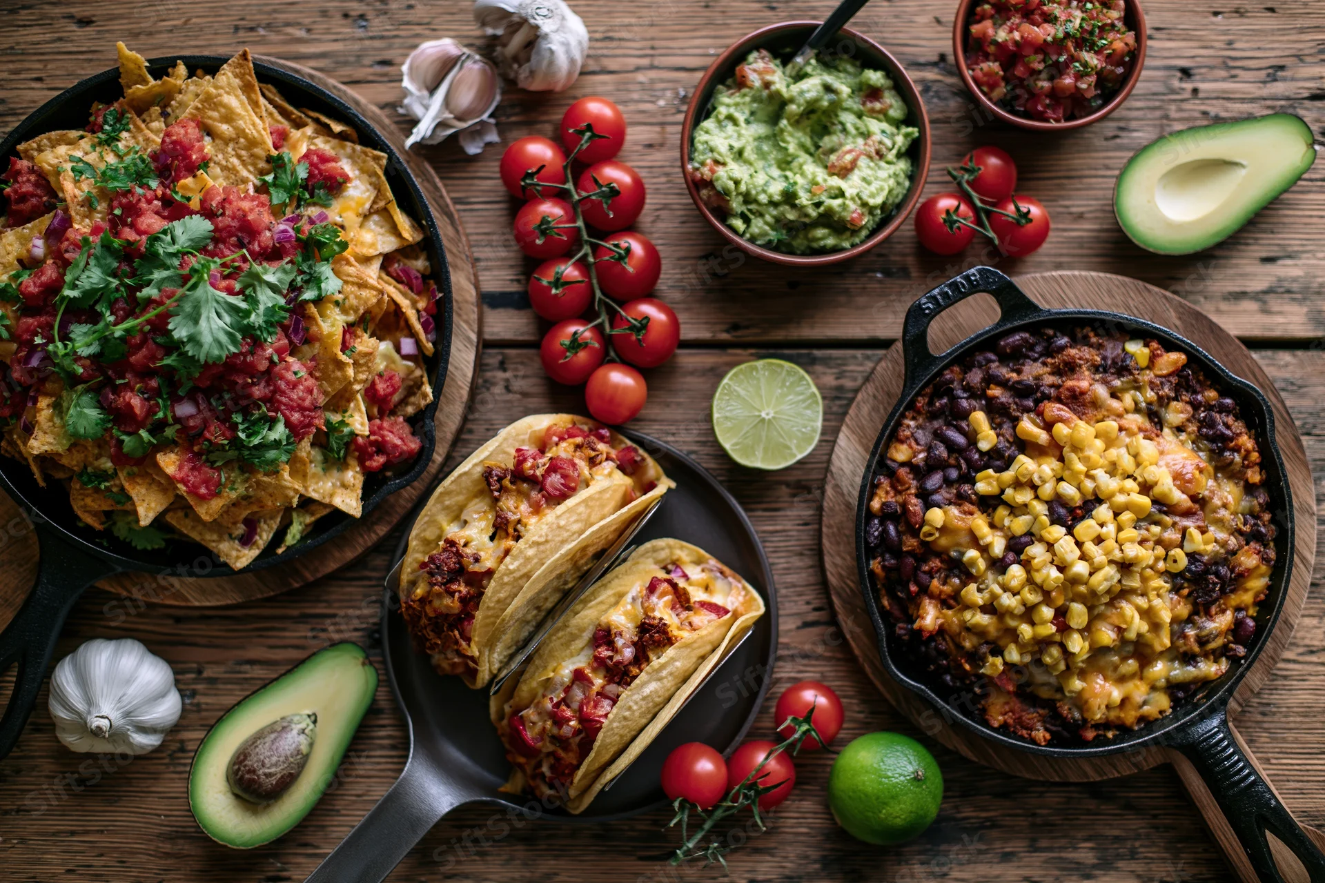 Mexican food spread with nachos, tacos, chili, guacamole, and fresh ingredients arranged on a rustic wooden table