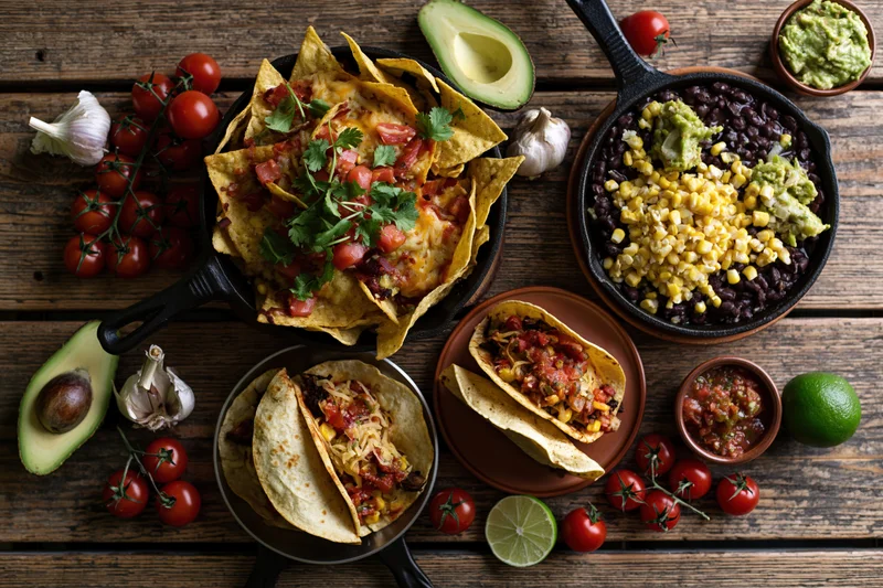 Mexican food spread with tacos, nachos, black beans, corn, guacamole, and salsa arranged on a rustic wooden table