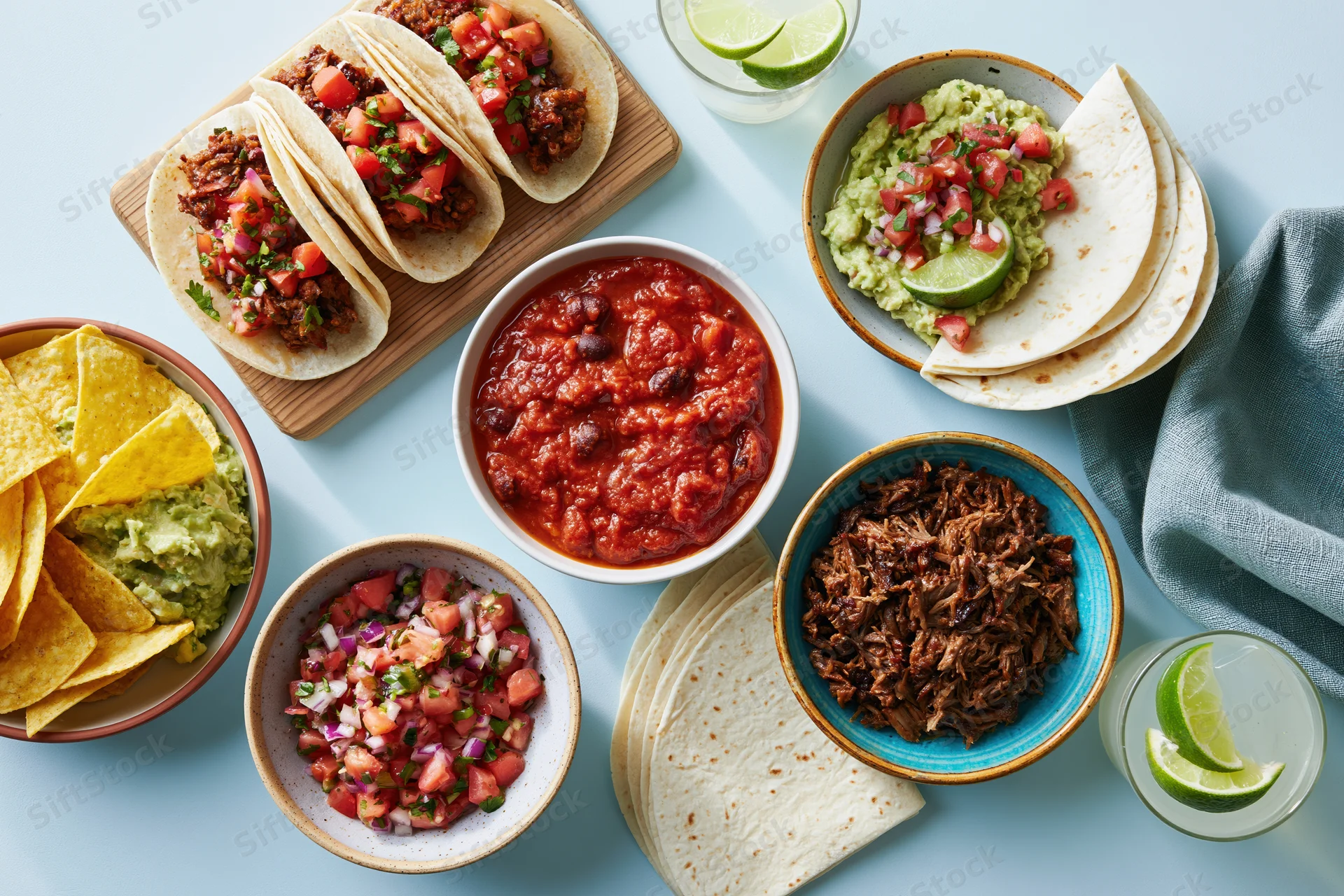 Overhead view of a mexican food spread with tacos, salsa, guacamole, chips, and drinks on a blue surface