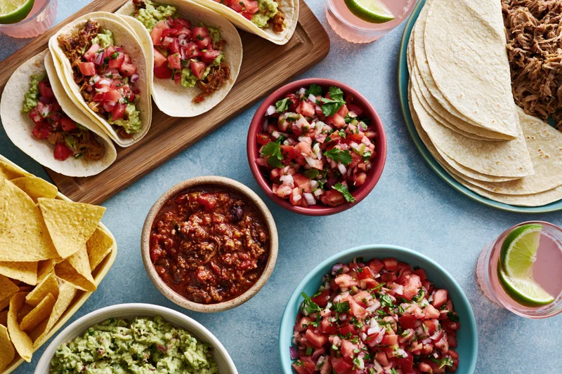 Overhead view of a mexican food spread with tacos, salsa, guacamole, chips and drinks on a blue surface