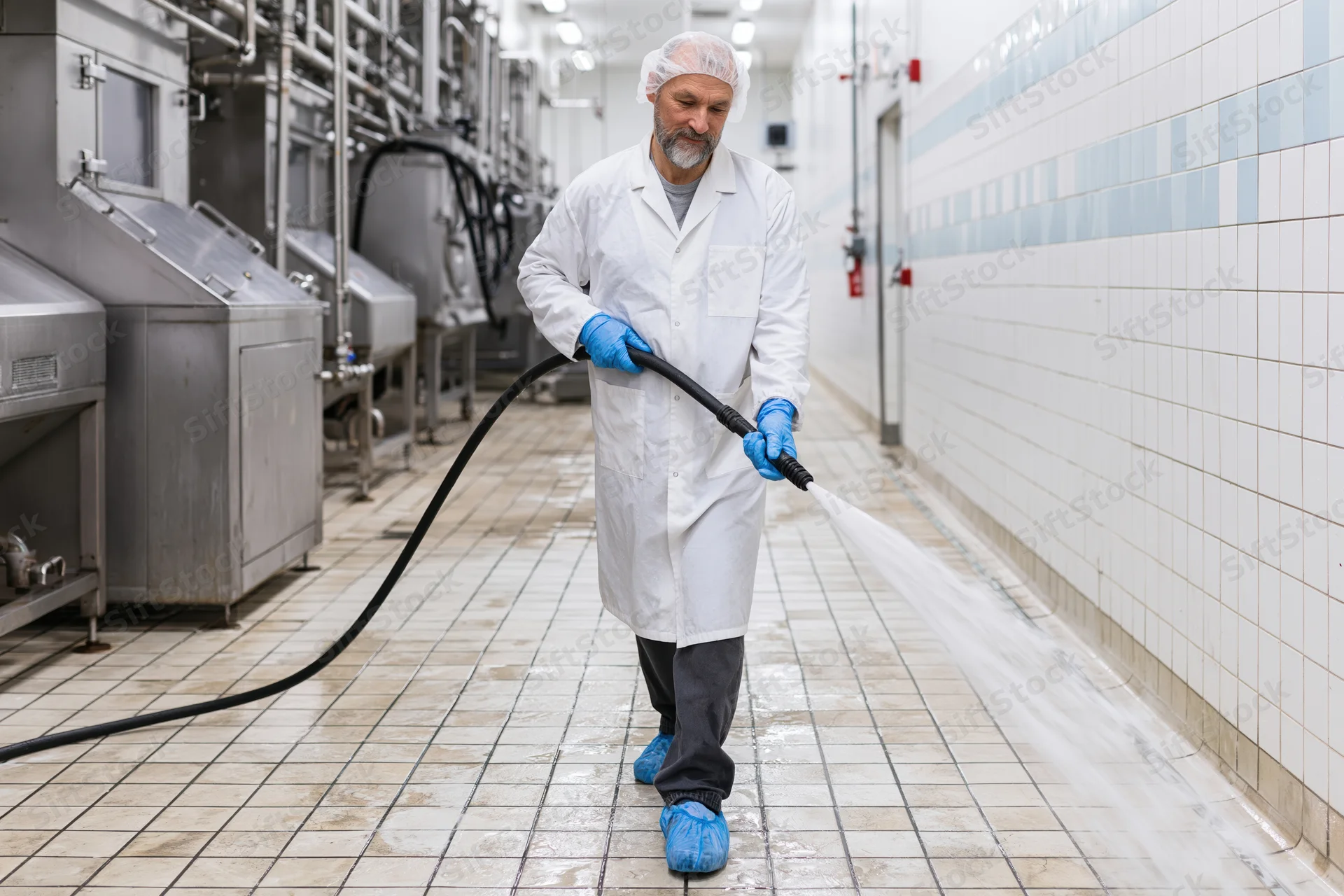 Man in lab coat and hair net hosing down tiled floor in industrial food processing facility