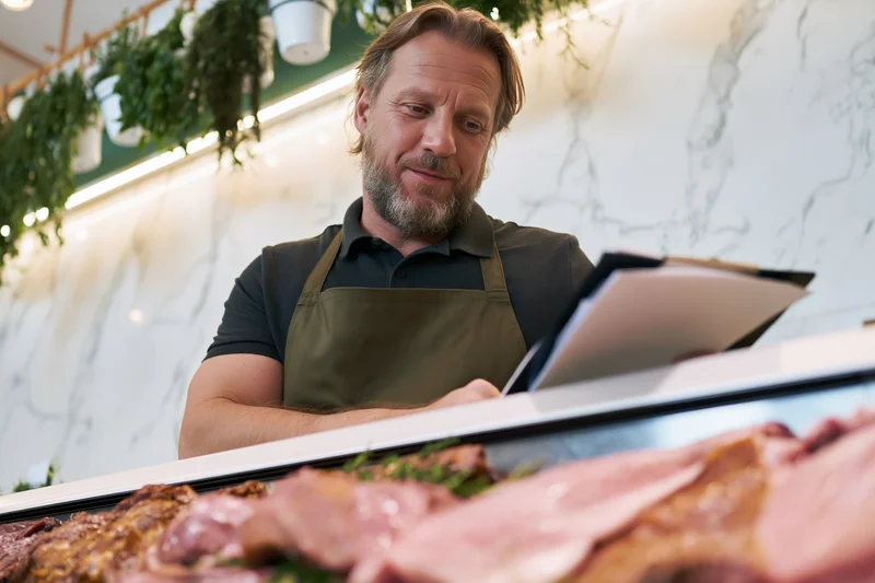 Middle-aged male butcher in apron reviewing clipboard behind meat display counter