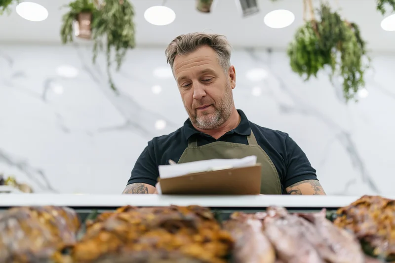 Middle-aged man in apron reviewing clipboard behind meat display in deli shop