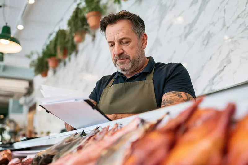 Middle-aged man in apron reviewing clipboard at meat counter in deli store