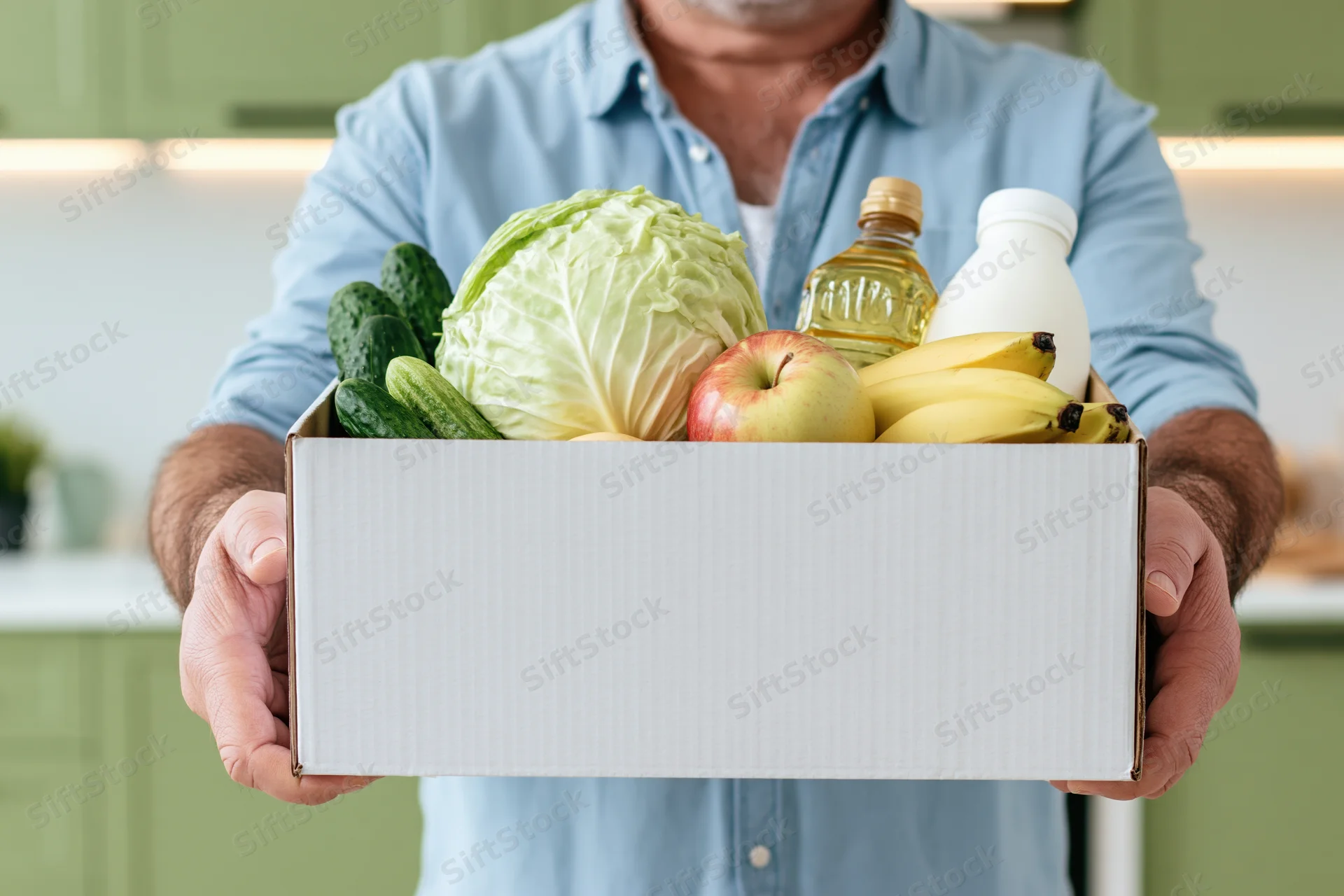 Man holding white cardboard box filled with fresh groceries in kitchen