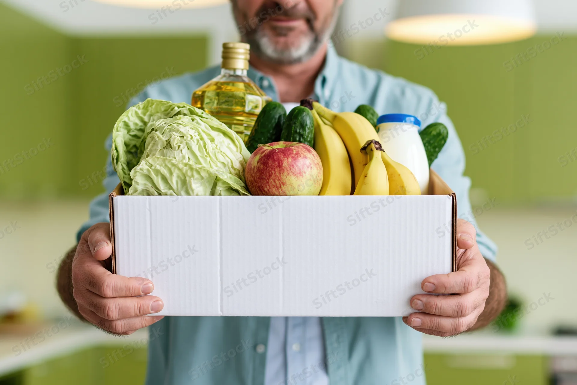 Man holding a white cardboard box filled with groceries in a kitchen