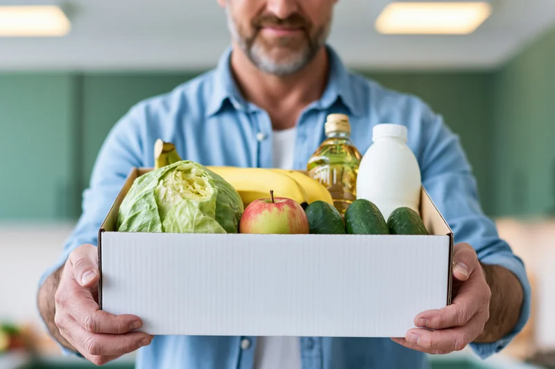 Middle-aged man holding a white cardboard box filled with fresh produce and groceries in a kitchen