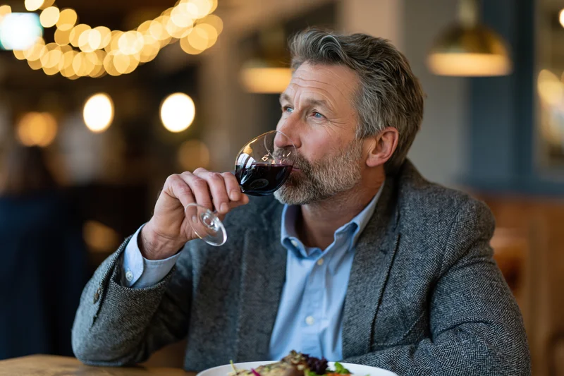 Middle-aged man sipping red wine at a restaurant table with food and warm lighting