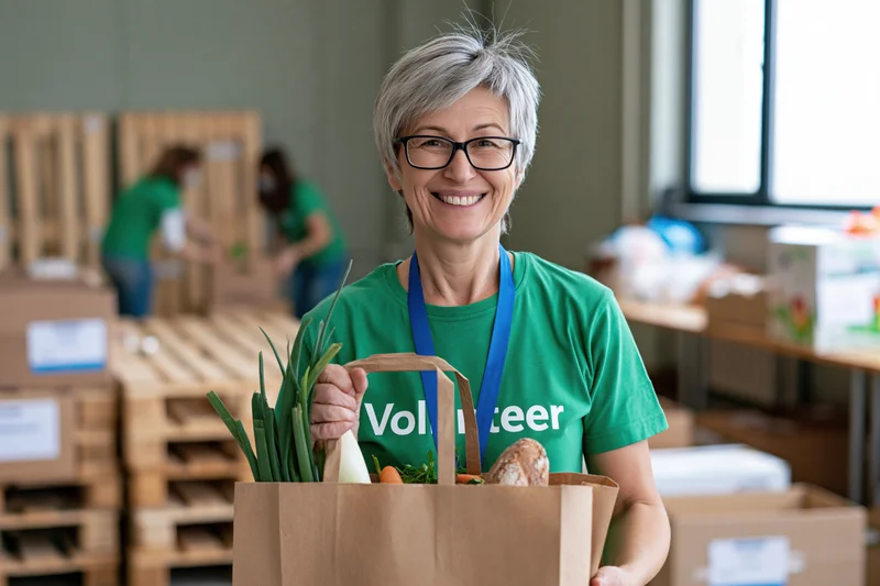 Smiling middle-aged woman holding a grocery bag filled with vegetables and bread in a warehouse setting