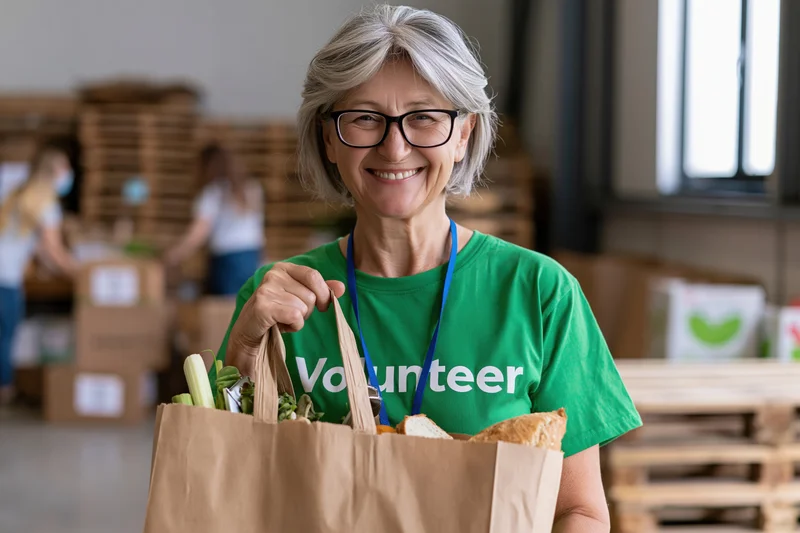 Smiling woman volunteer holding grocery bag with bread and vegetables in warehouse
