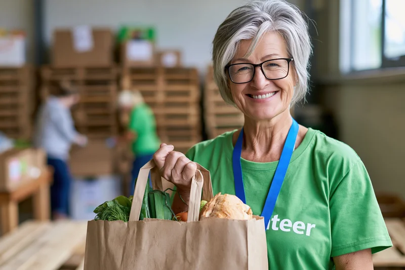 Senior woman volunteer smiling while holding a grocery bag filled with bread and vegetables in a warehouse setting