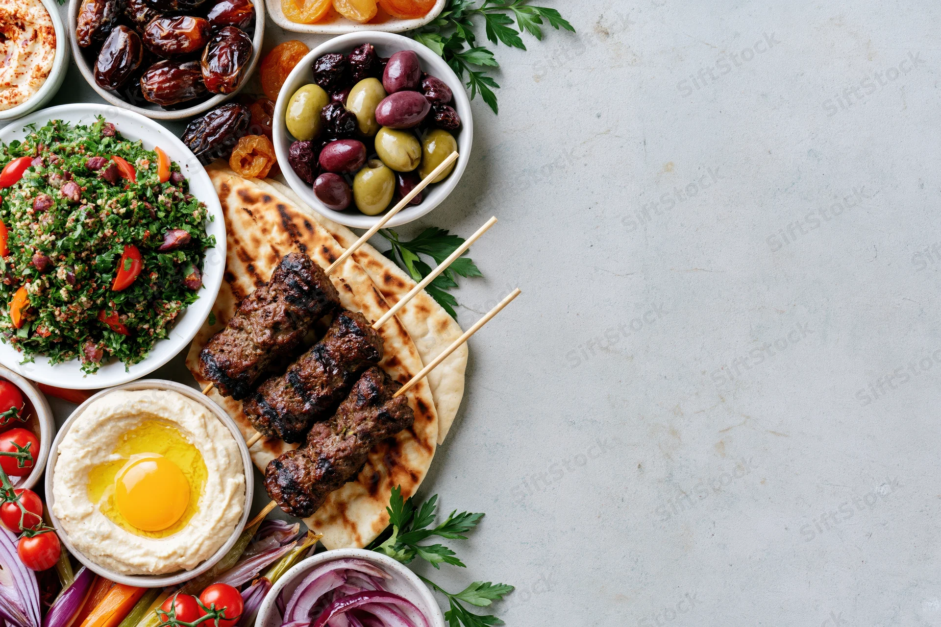 Middle eastern mezze spread with kebabs, hummus, tabbouleh and olives arranged on a white surface