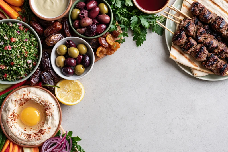 Middle eastern mezze spread with hummus, olives, tabbouleh, kebabs and pita arranged along the left and top on a white surface