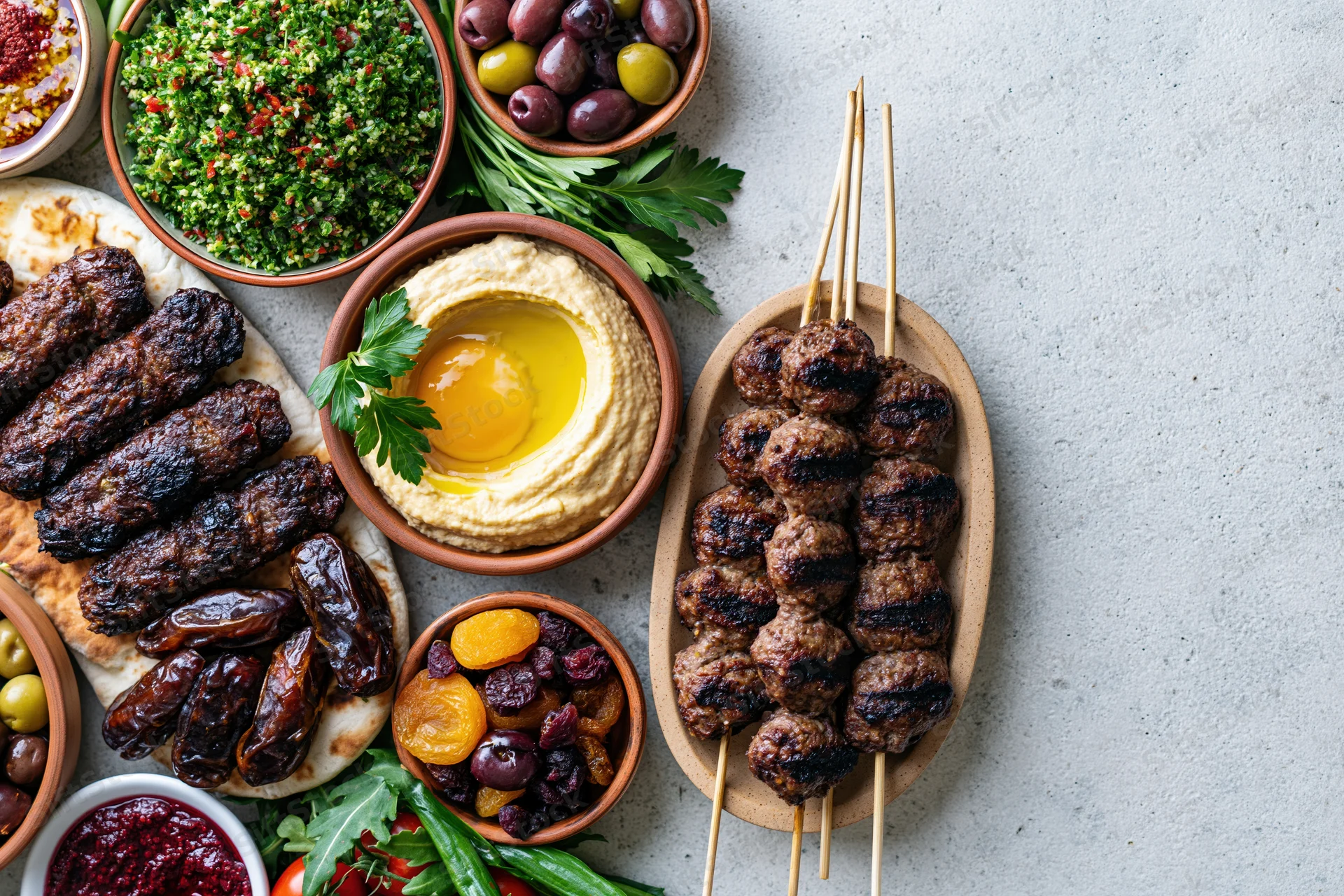 Middle eastern mezze spread with grilled kebabs, hummus, tabbouleh, olives and pita arranged on a table with copyspace on the right