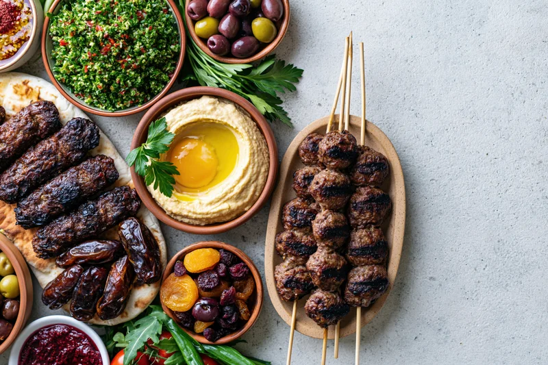 Middle eastern mezze spread with grilled kebabs, hummus, tabbouleh, olives and pita arranged on a table with copyspace on the right